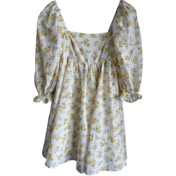 STORIA | Floral Babydoll Mini Dress 3/4 Puff Sleeves Spring Ivory Yellow Small - Picture 1 of 8